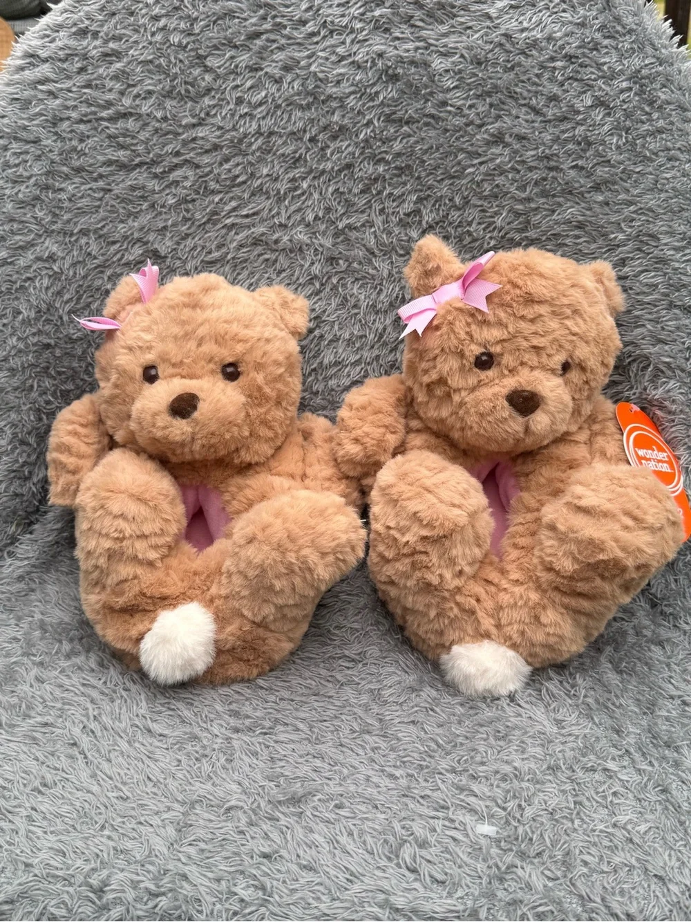 wonder nation Brown Bear Plush Slippers with Pink Bows Girls‎ 11-12 New